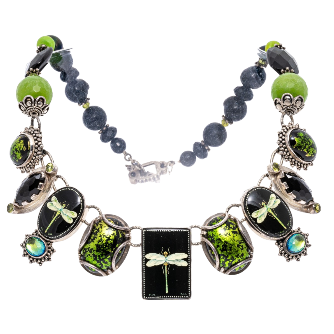 Hand-Painted Amy Kahn Russell Sterling Silver, Onyx, Jade & Peridot Dragonfly Tile Necklace, Item #227519
